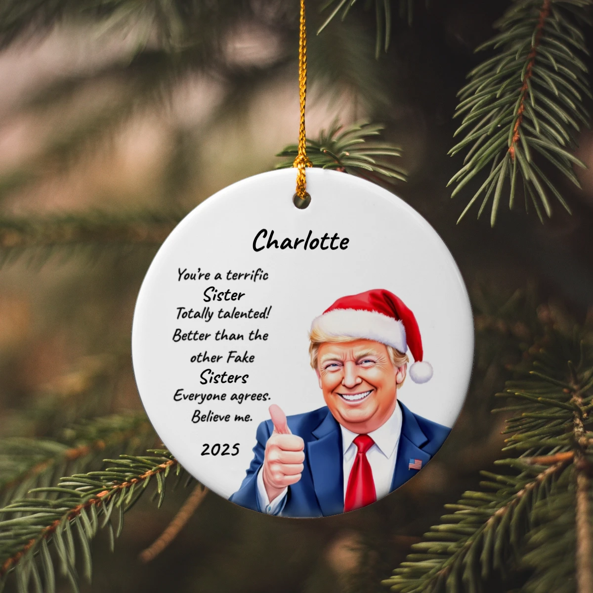 Personalized Trump Christmas Ornament – Funny Santa Thumbs-Up Holiday Gift – Custom Name & Year Keepsake