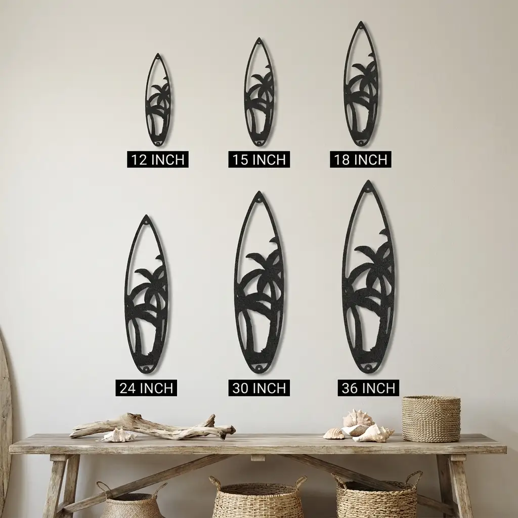 Palm Tree Surfboard Metal Wall Art | Tropical Coastal Beach Decor | Surfboard Shaped Metal Wall Hanging | Island & Ocean Home Decor | Made in USA