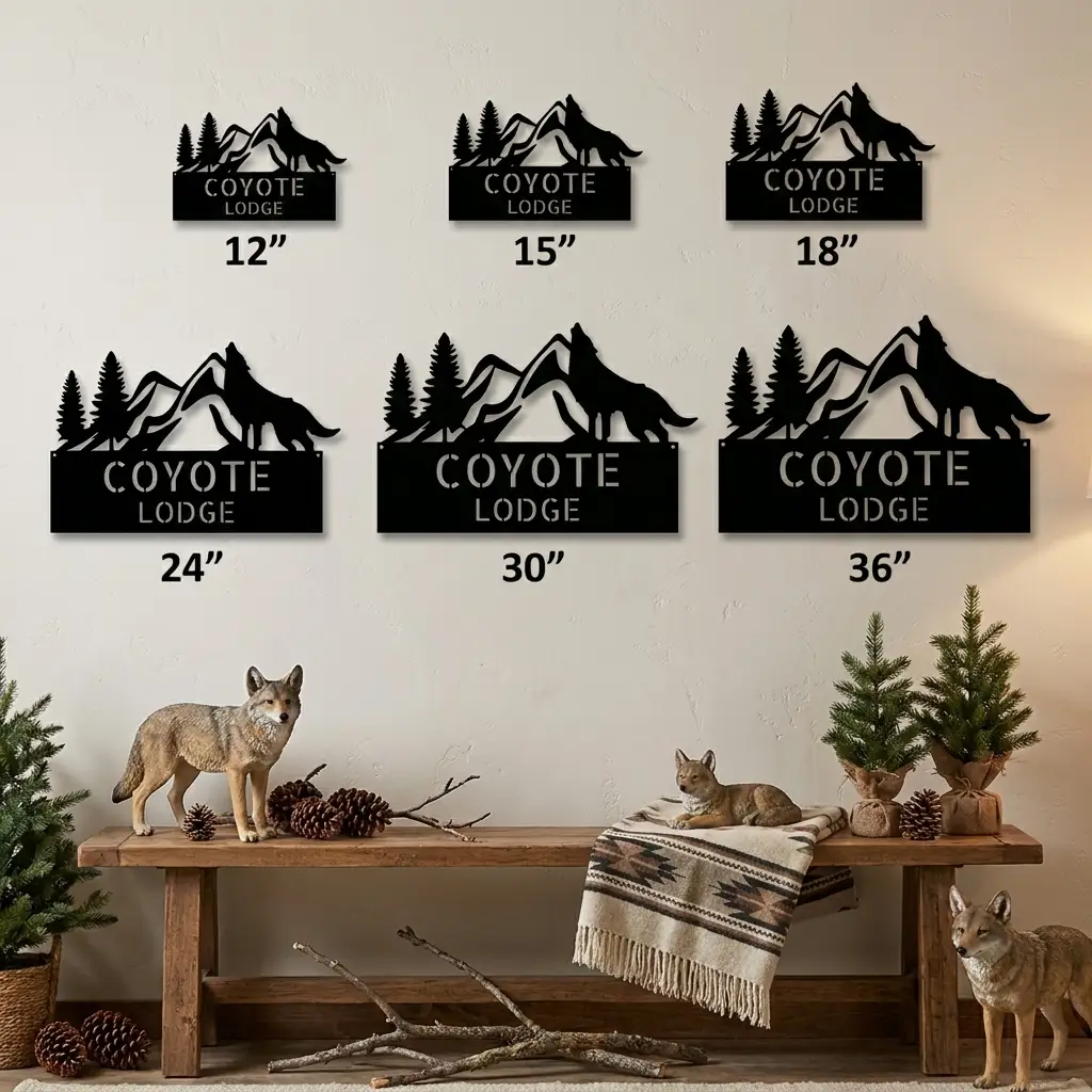 Coyote and Mountains Custom Name Metal Wall Sign