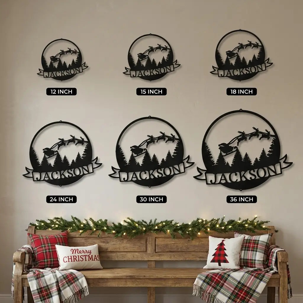 Santa Sleigh & Reindeer Personalized Metal Wall Art | Custom Family Name Christmas Sign | Holiday Metal Wall Decor | Farmhouse Christmas Decoration | Made in USA