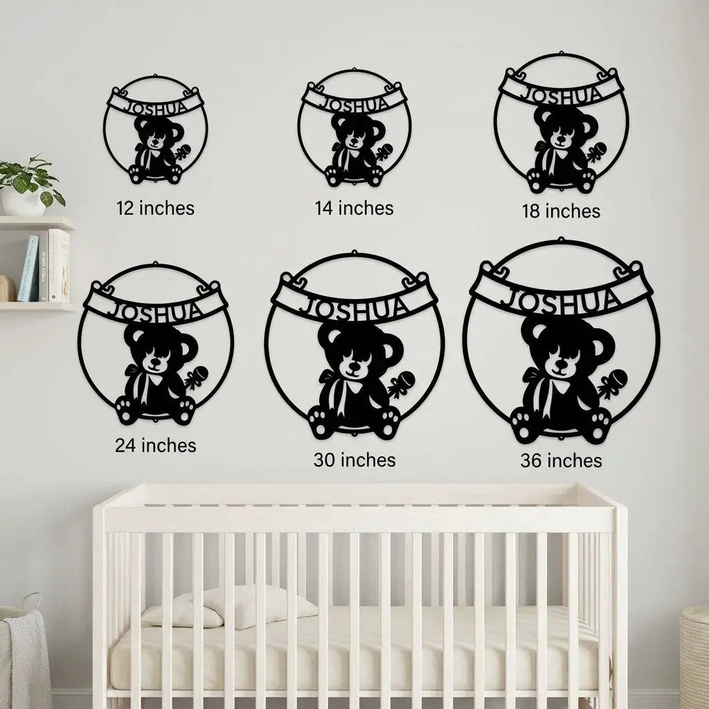 Personalized Baby Name Teddy Bear Metal Wall Art – Custom Nursery Name Sign – Laser Cut Steel Baby Room Decor – Baby Shower Gift