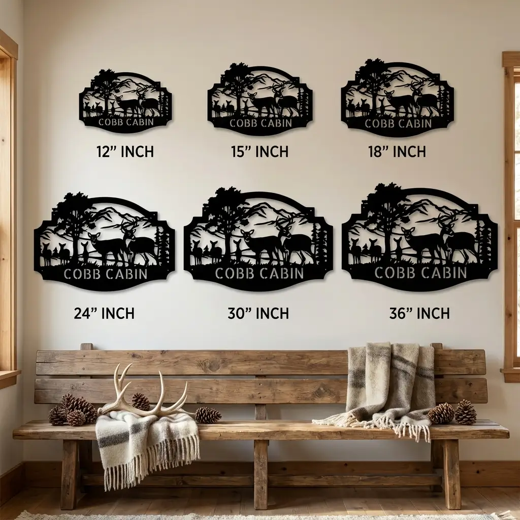 Personalized Deer Cabin Metal Wall Art – Rustic Family Name Sign – Hunting Lodge Decor – Custom Mountain Scene Steel Sign – Cabin Wall Decor Gift