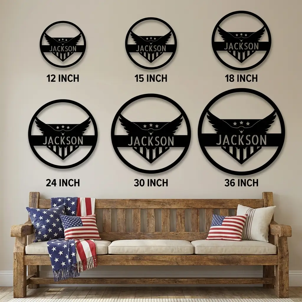 Personalized Patriotic Eagle Metal Wall Art | Custom American Eagle Family Name Sign | USA Flag Metal Decor | Veteran Gift | Made in USAPatriotic Eagle Monogram Personalized Indoor Outdoor Steel Wall Sign Art