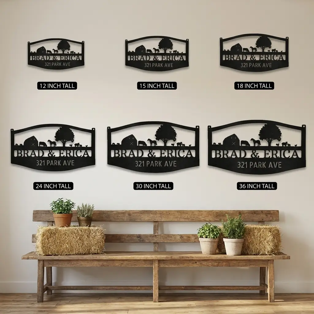 Personalized Farm Address Metal Sign | Custom Farm Gate Sign with Barn & Livestock | Family Name Fence Sign | Rustic Ranch Entrance Decor | Made in USA