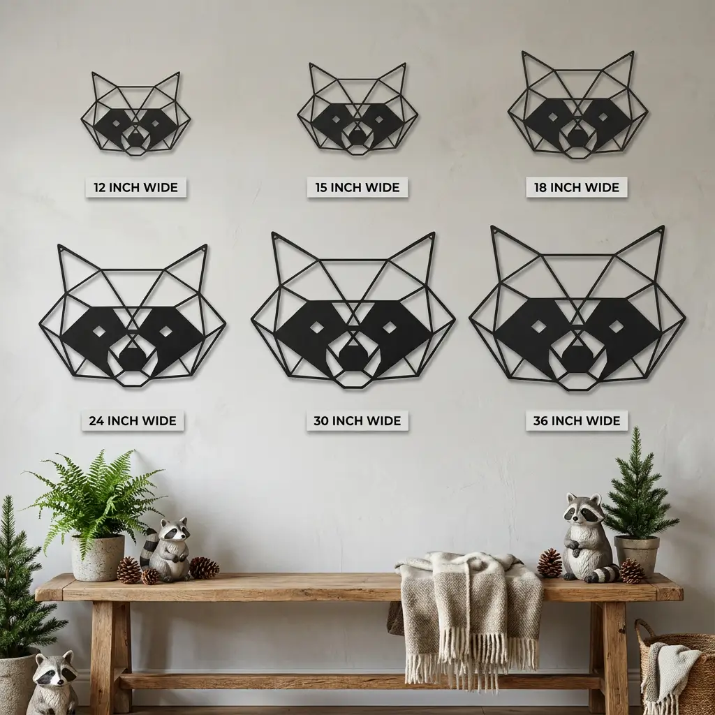 Geometric Raccoon Metal Wall Art – Modern Wildlife Steel Sign, Rustic Cabin Decor, Forest Animal Wall Hanging, Laser Cut Metal Art 12"–36"