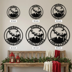 Santa Sleigh & Flying Reindeer Personalized Metal Wall Art | Custom Christmas Family Name Sign | Holiday Metal Wall Decor | Winter Village Christmas Sign | Made in USA