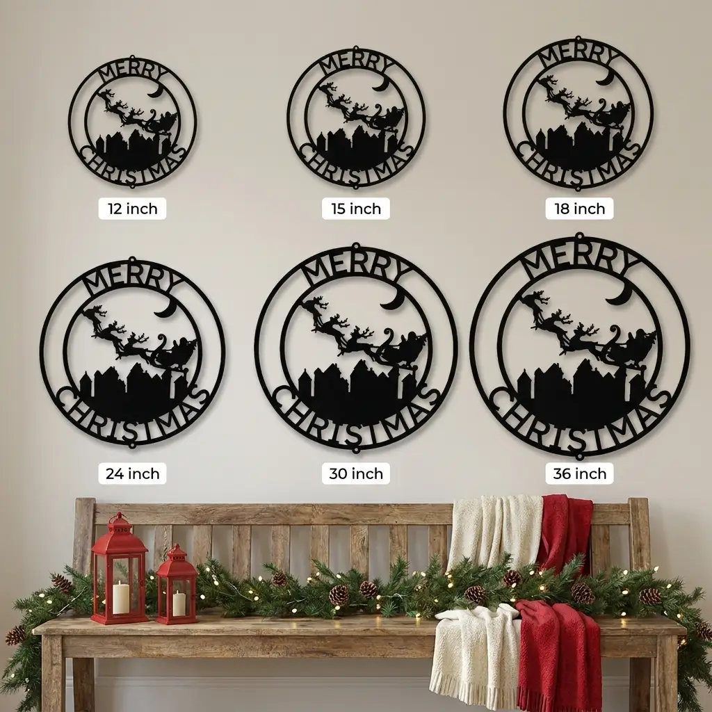 Santa Sleigh & Flying Reindeer Personalized Metal Wall Art | Custom Christmas Family Name Sign | Holiday Metal Wall Decor | Winter Village Christmas Sign | Made in USA