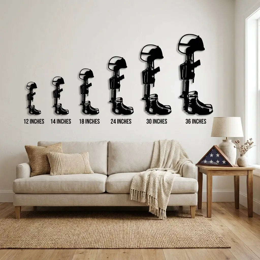 Fallen Soldier Metal Wall Art – Military Memorial Tribute Sign – Battlefield Cross Decor – Veteran Remembrance Gift – Patriotic Home Decor