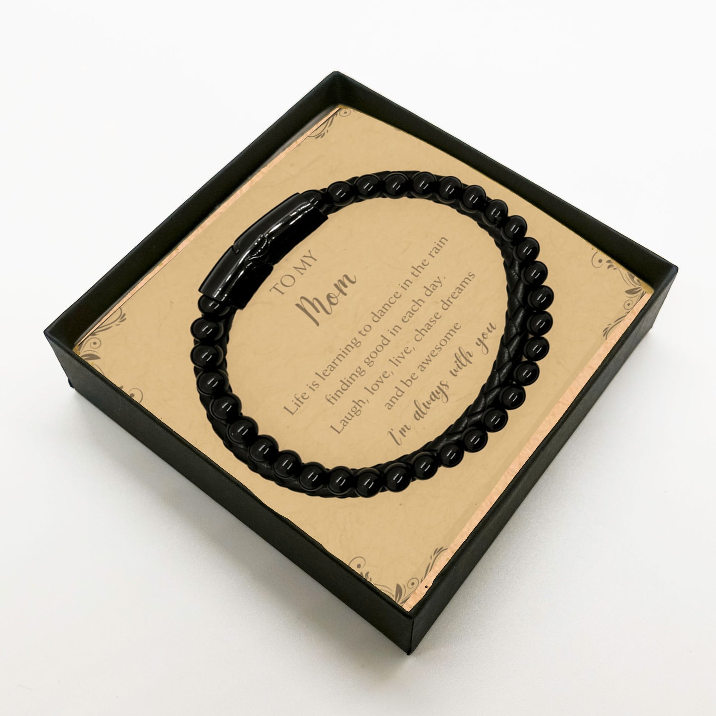 To My Mom Black Braided Leather Bracelet – Natural Stone Beads with Stainless Steel Clasp – Inspirational Gift for Mother - Mallard Moon Gift Shop