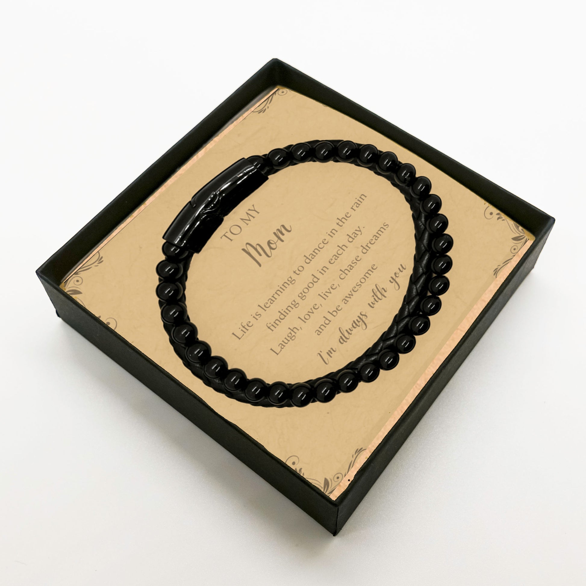 To My Mom Black Braided Leather Bracelet – Natural Stone Beads with Stainless Steel Clasp – Inspirational Gift for Mother - Mallard Moon Gift Shop