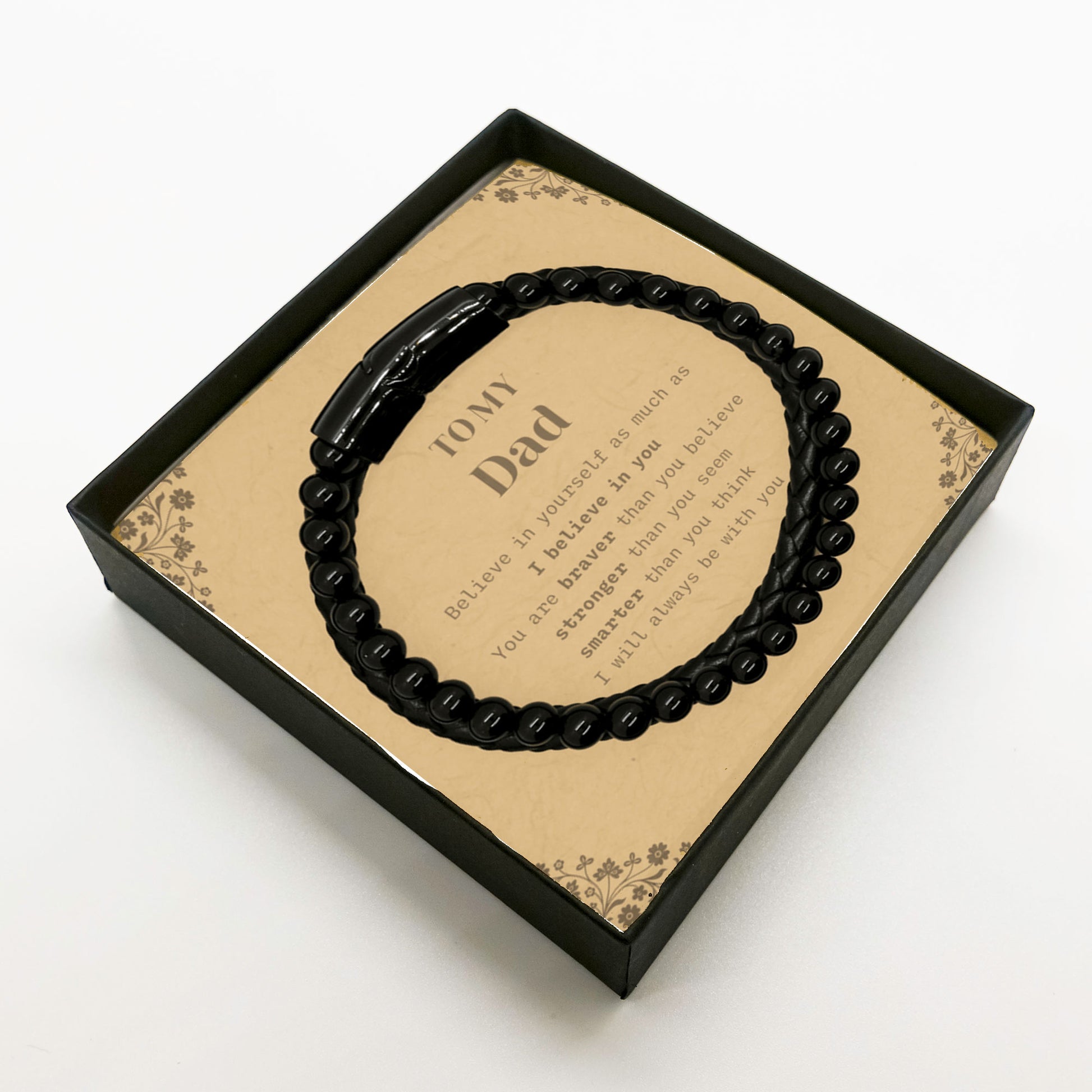 To My Dad Black Braided Leather Bracelet – Natural Stone Beads with Stainless Steel Clasp – Motivational Gift for Your Dad – 9 Inch Adjustable Bracelet for Men - Mallard Moon Gift Shop