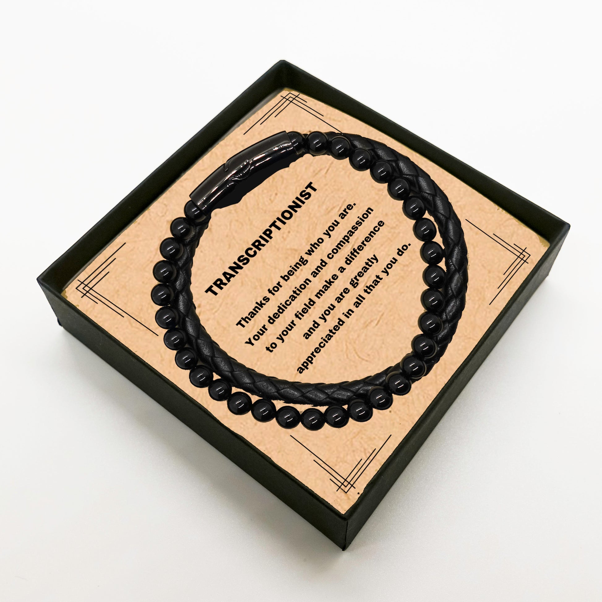 Transcriptionist Black Braided Leather Stone Bracelet - Thanks for being who you are - Birthday Christmas Jewelry Gifts - Mallard Moon Gift Shop
