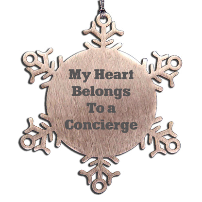 Funny Concierge Gifts - 'My Heart Belongs To A Concierge' Snowflake Ornament, Gifts from Friends, Gifts for Concierge - Mallard Moon