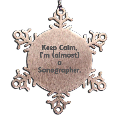 Funny Sonographer Gifts from Friends - Keep Calm I'm (almost) A Sonographer. Snowflake Ornament for Christmas - Mallard Moon