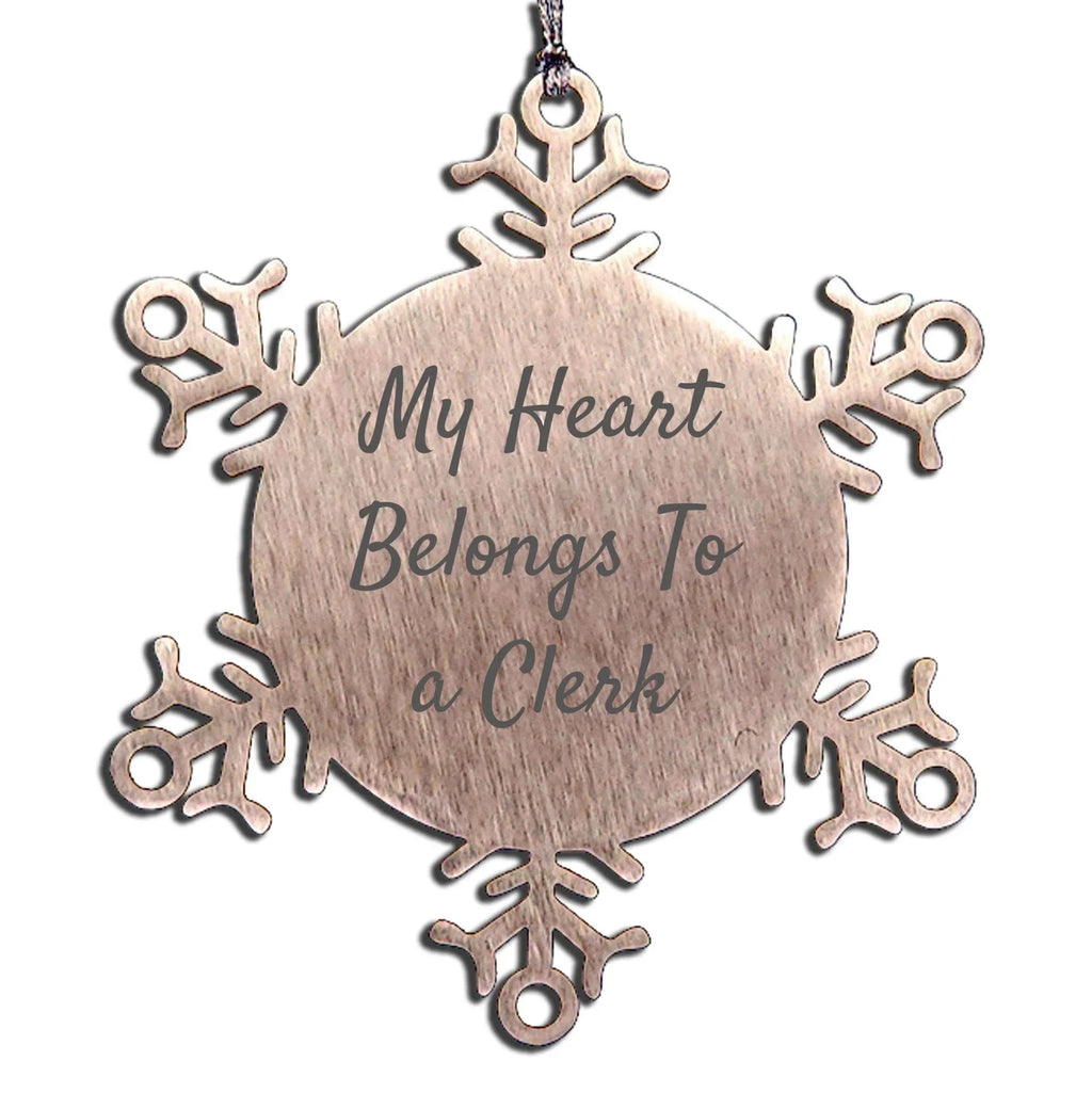 Funny Clerk Gifts, 'My Heart Belongs To A Clerk' Snowflake Ornament, Unique Christmas Unique Gifts from Men to Coworkers