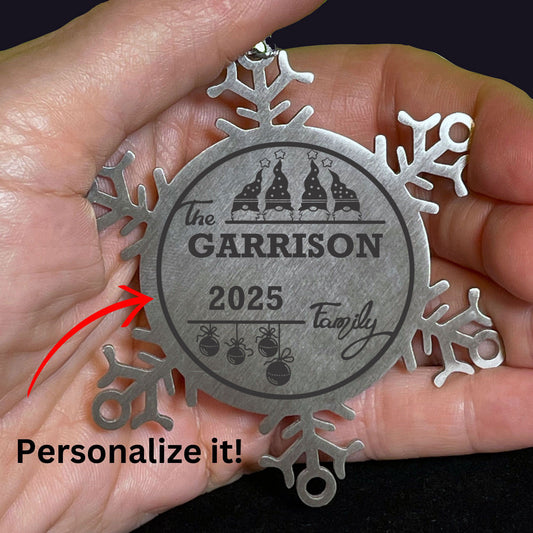 Personalized 4 Gnome Family Snowflake Ornament – Custom Stainless Steel Christmas Keepsake with Gift Bag – Engraved Names & Dates Holiday Decor for Family or Friends - Mallard Moon