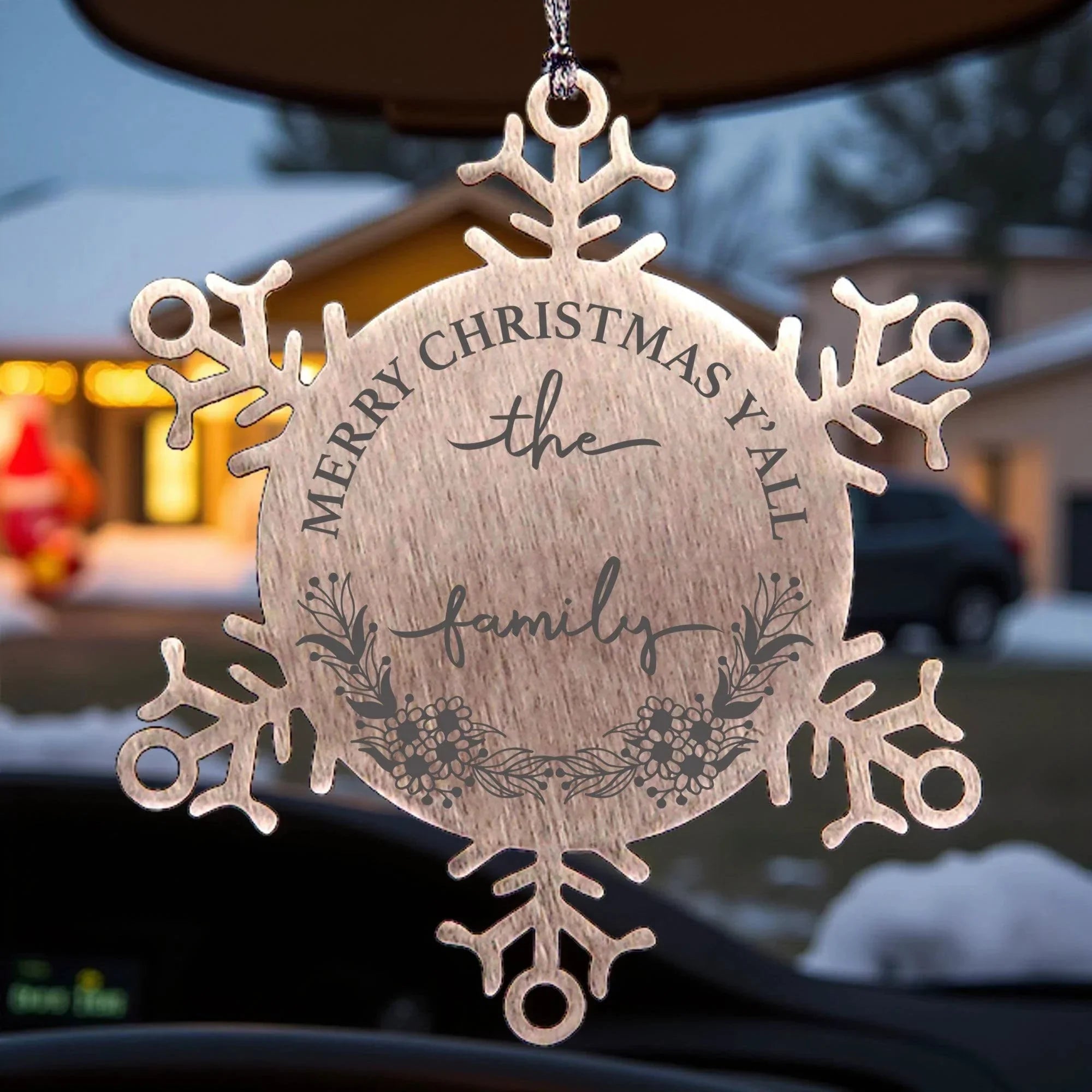 Personalized Merry Christmas Y'all Stainless Steel Laser Engraved Snowflake Tree Ornament