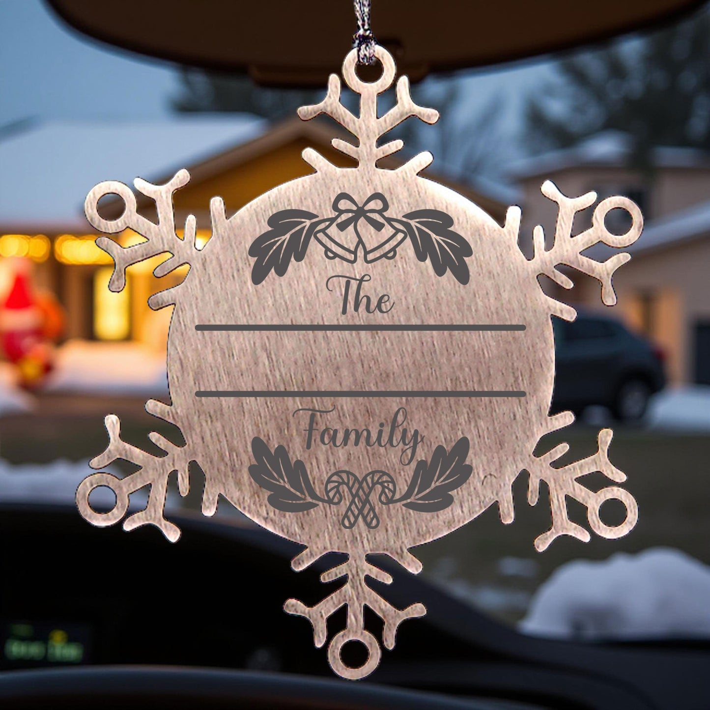 Personalized Family Name Christmas Bells Laser Engraved Stainless Steel Snowflake Tree Ornament - Mallard Moon