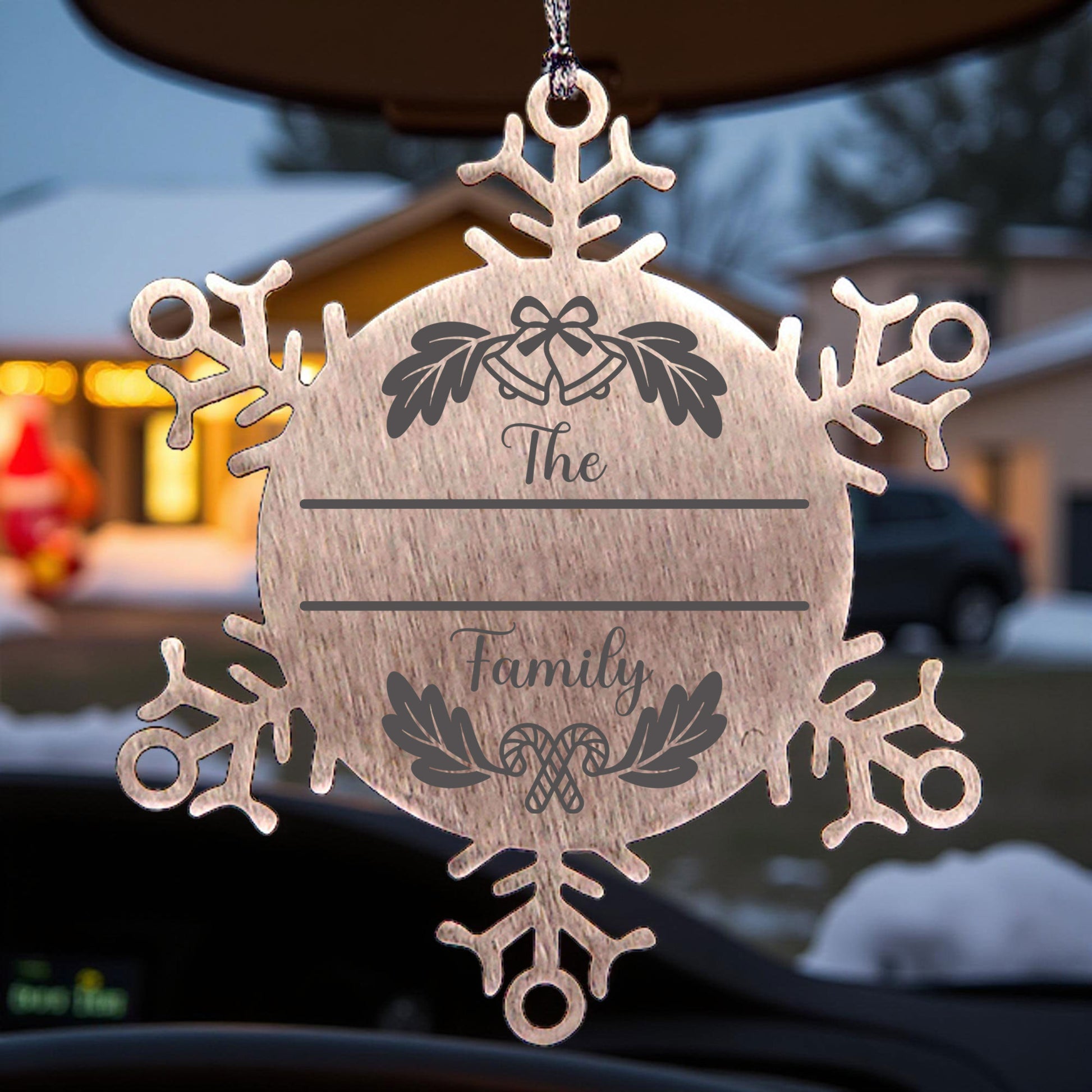 Personalized Family Name Christmas Bells Laser Engraved Stainless Steel Snowflake Tree Ornament - Mallard Moon