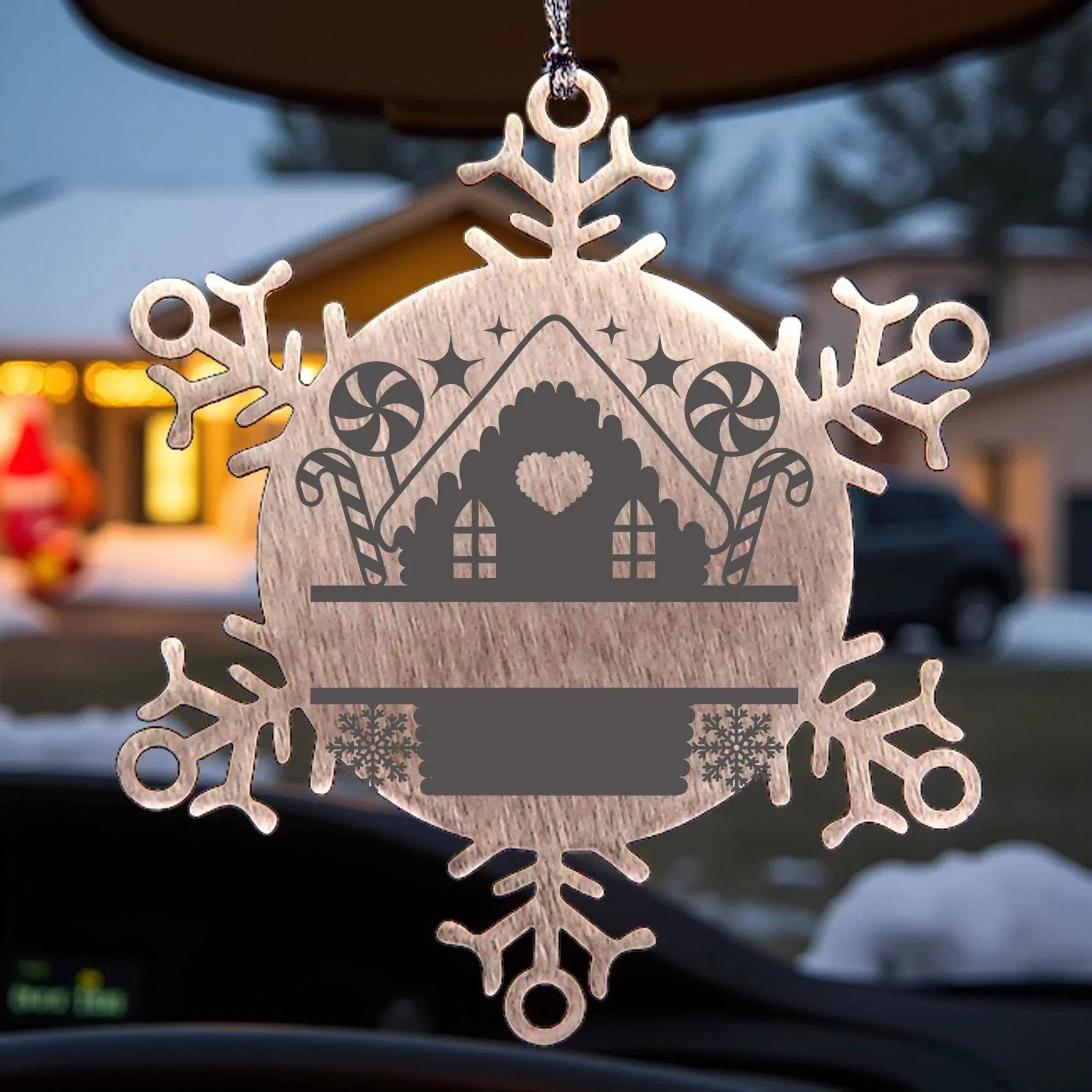 Personalized Snowflake Tree Ornament Family Name Laser Engraved Stainless Steel Gingerbread House