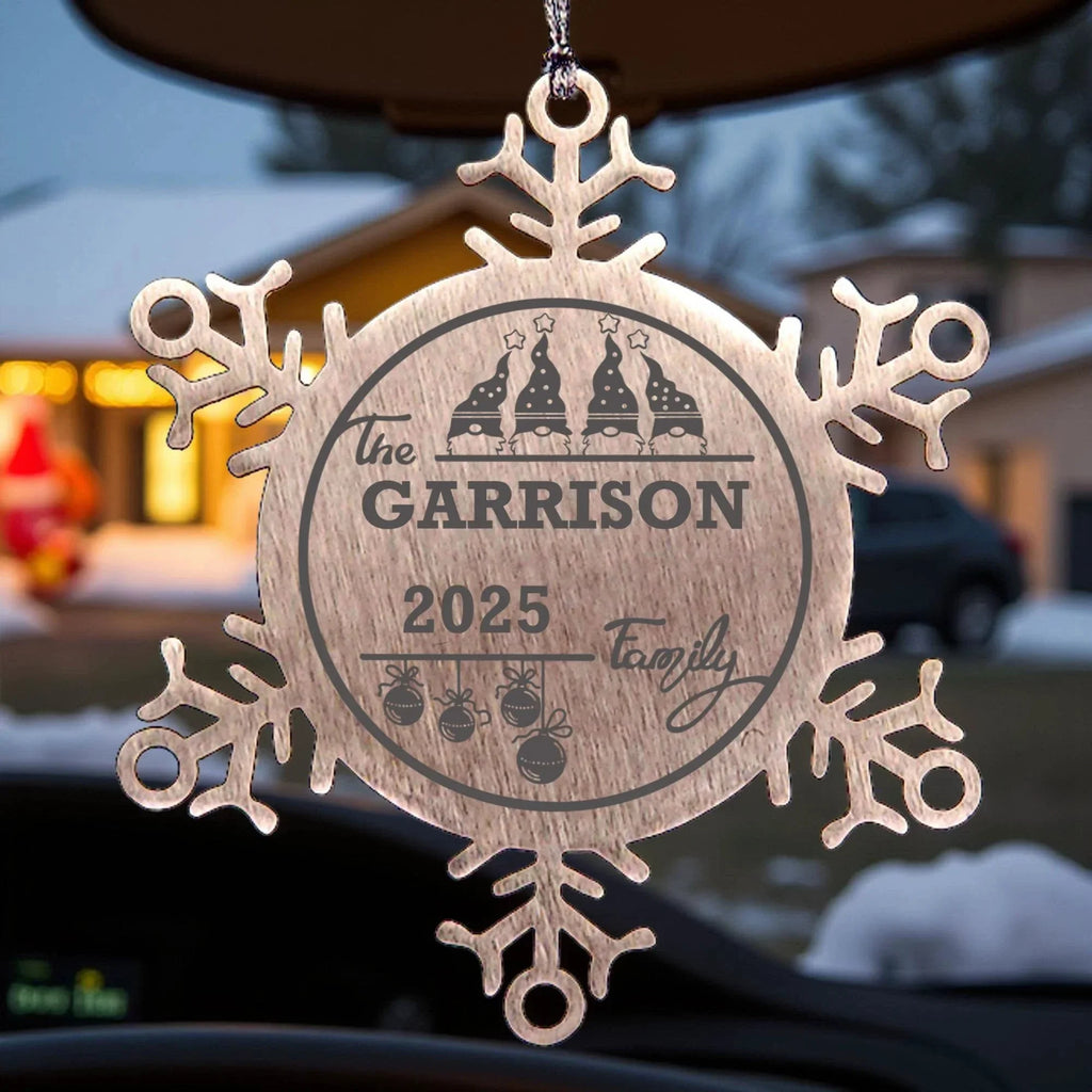 Personalized 4 Gnome Family Snowflake Ornament – Custom Stainless Steel Christmas Keepsake with Gift Bag – Engraved Names & Dates Holiday Decor for Family or Friends