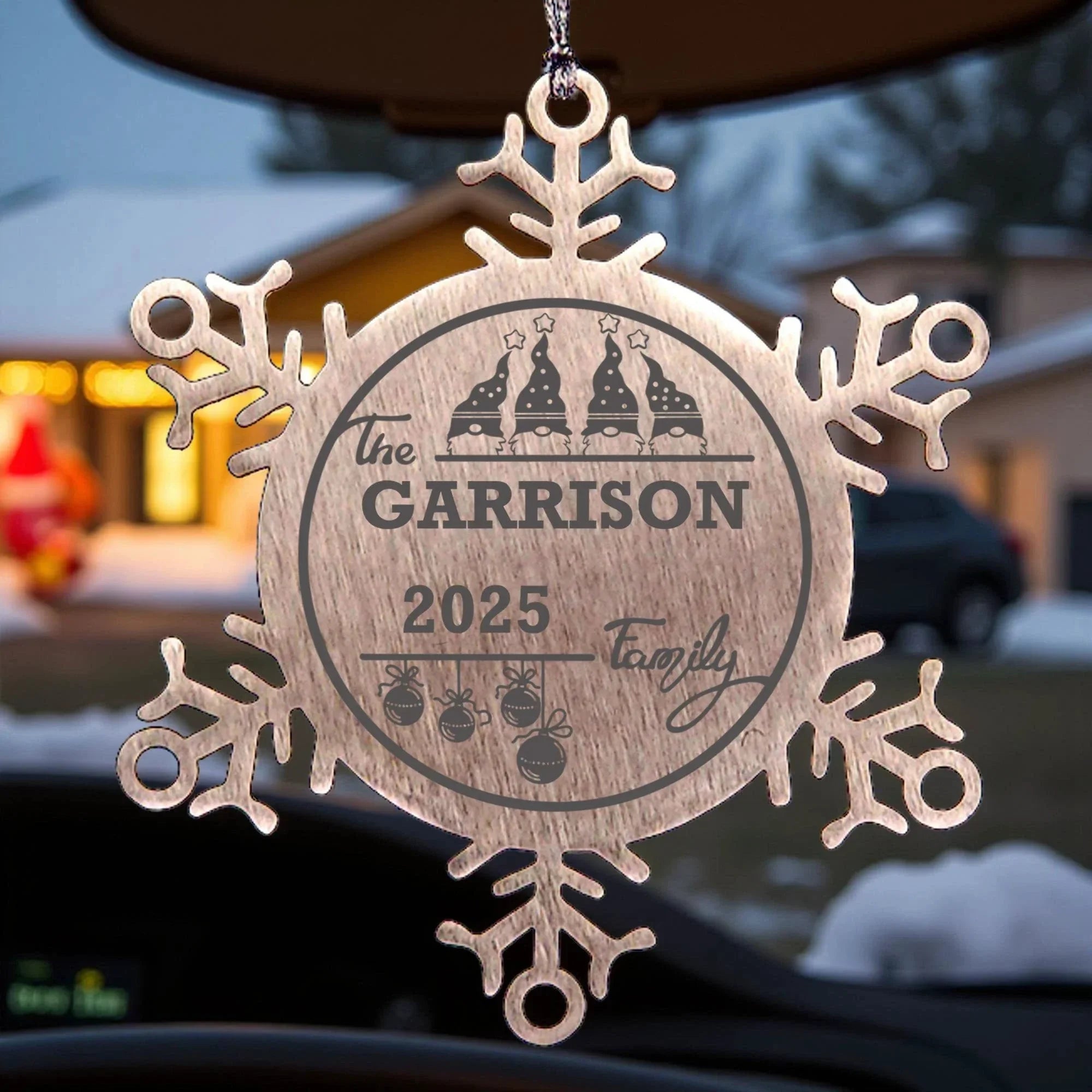 Personalized 4 Gnome Family Snowflake Ornament – Custom Stainless Steel Christmas Keepsake with Gift Bag – Engraved Names & Dates Holiday Decor for Family or Friends