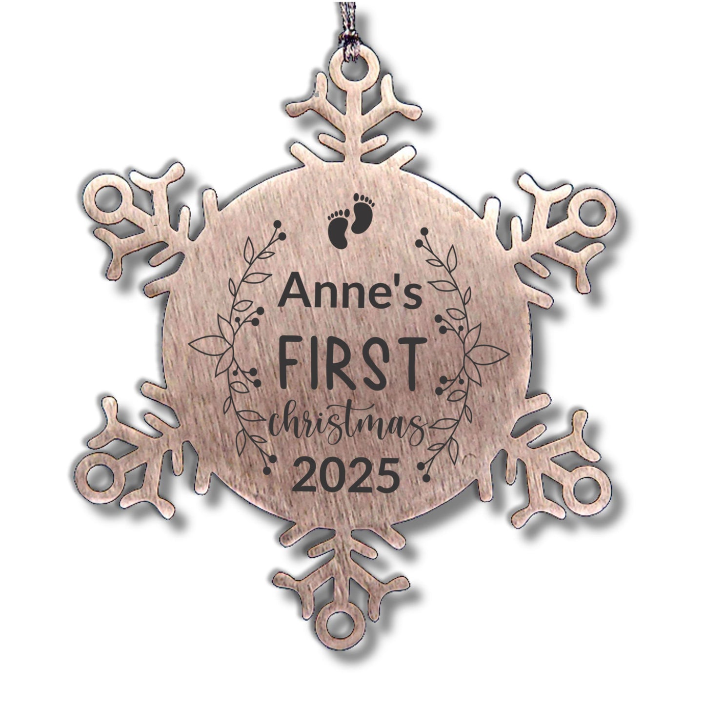 Baby's First Christmas Personalized Laser Engraved Stainless Steel Snowflake Ornament - Mallard Moon