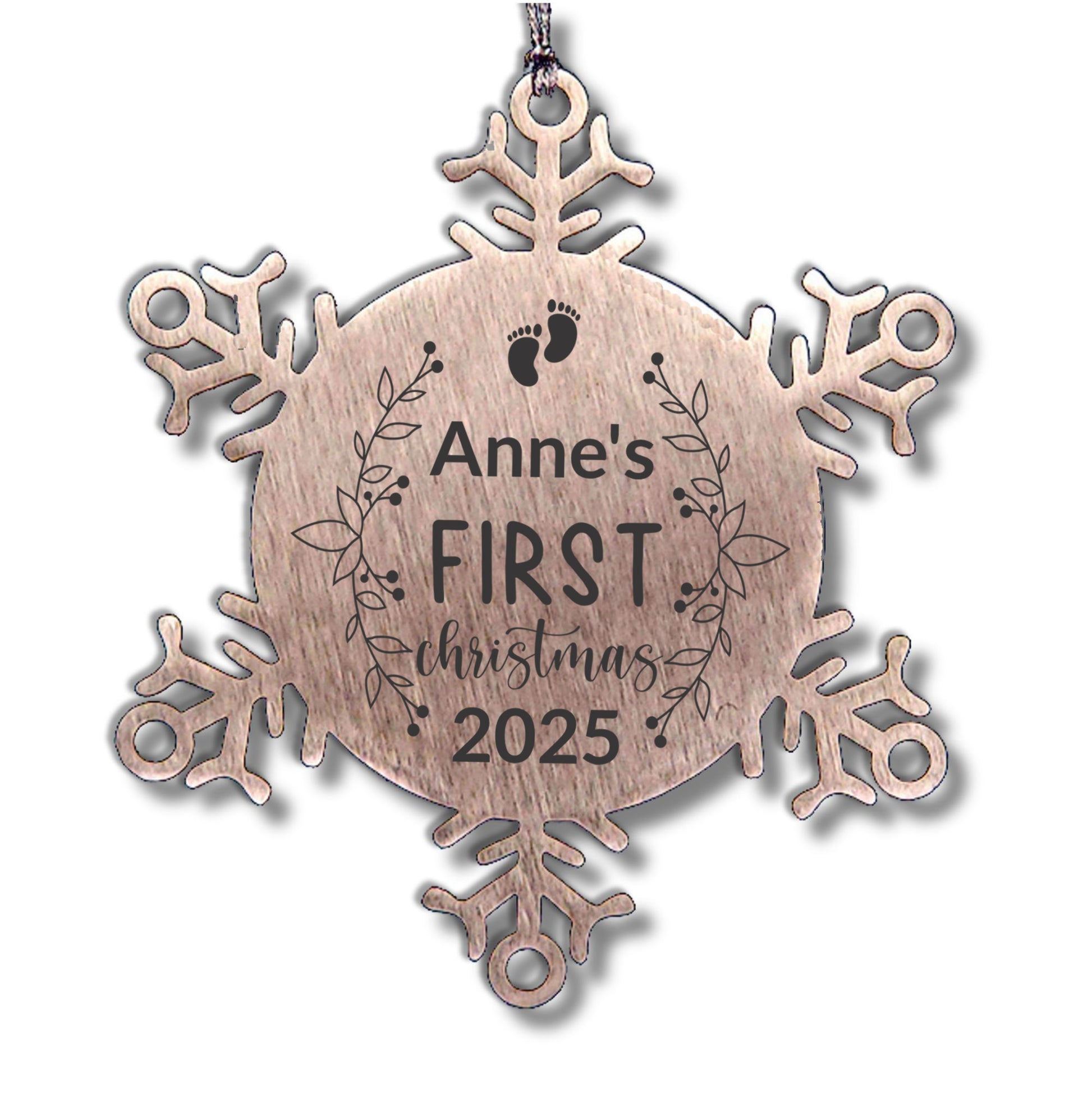 Baby's First Christmas Personalized Laser Engraved Stainless Steel Snowflake Ornament - Mallard Moon