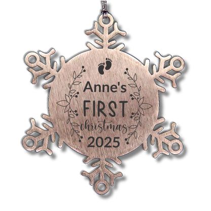 Baby's First Christmas Personalized Laser Engraved Stainless Steel Snowflake Ornament - Mallard Moon