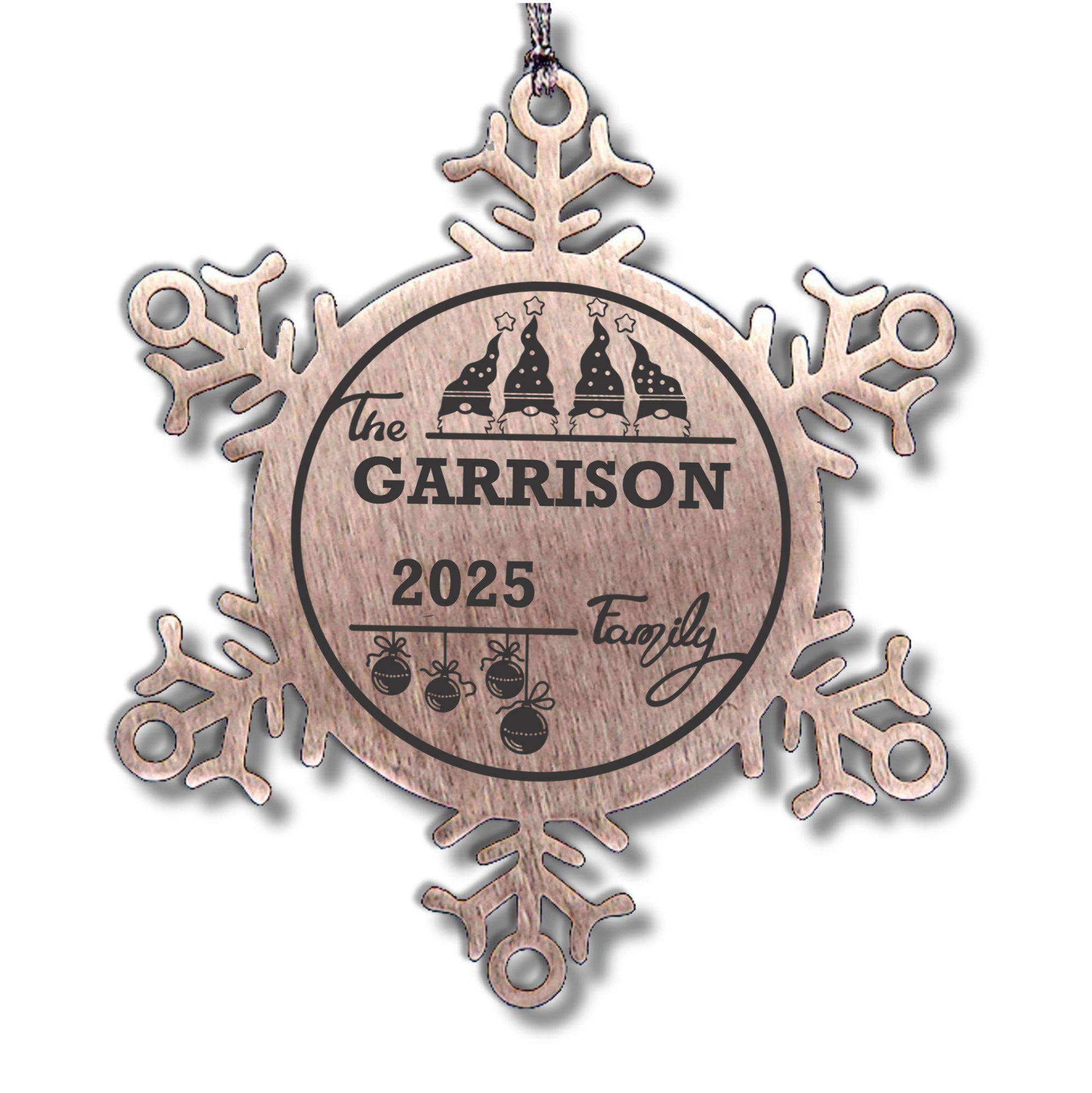 Personalized 4 Gnome Family Snowflake Ornament – Custom Stainless Steel Christmas Keepsake with Gift Bag – Engraved Names & Dates Holiday Decor for Family or Friends - Mallard Moon
