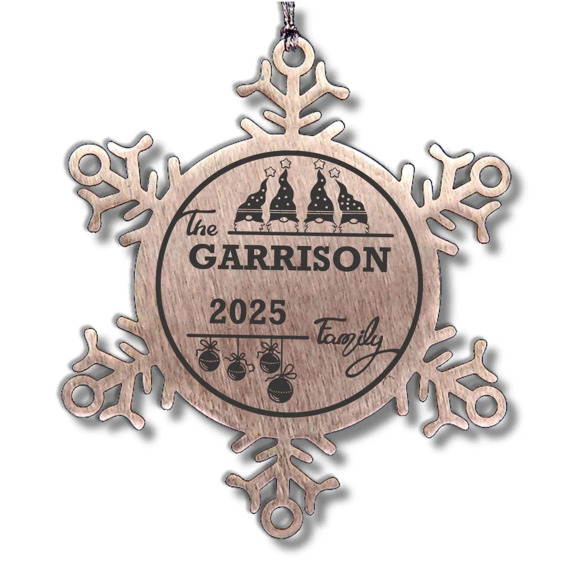 Personalized 4 Gnome Family Snowflake Ornament – Custom Stainless Steel Christmas Keepsake with Gift Bag – Engraved Names & Dates Holiday Decor for Family or Friends