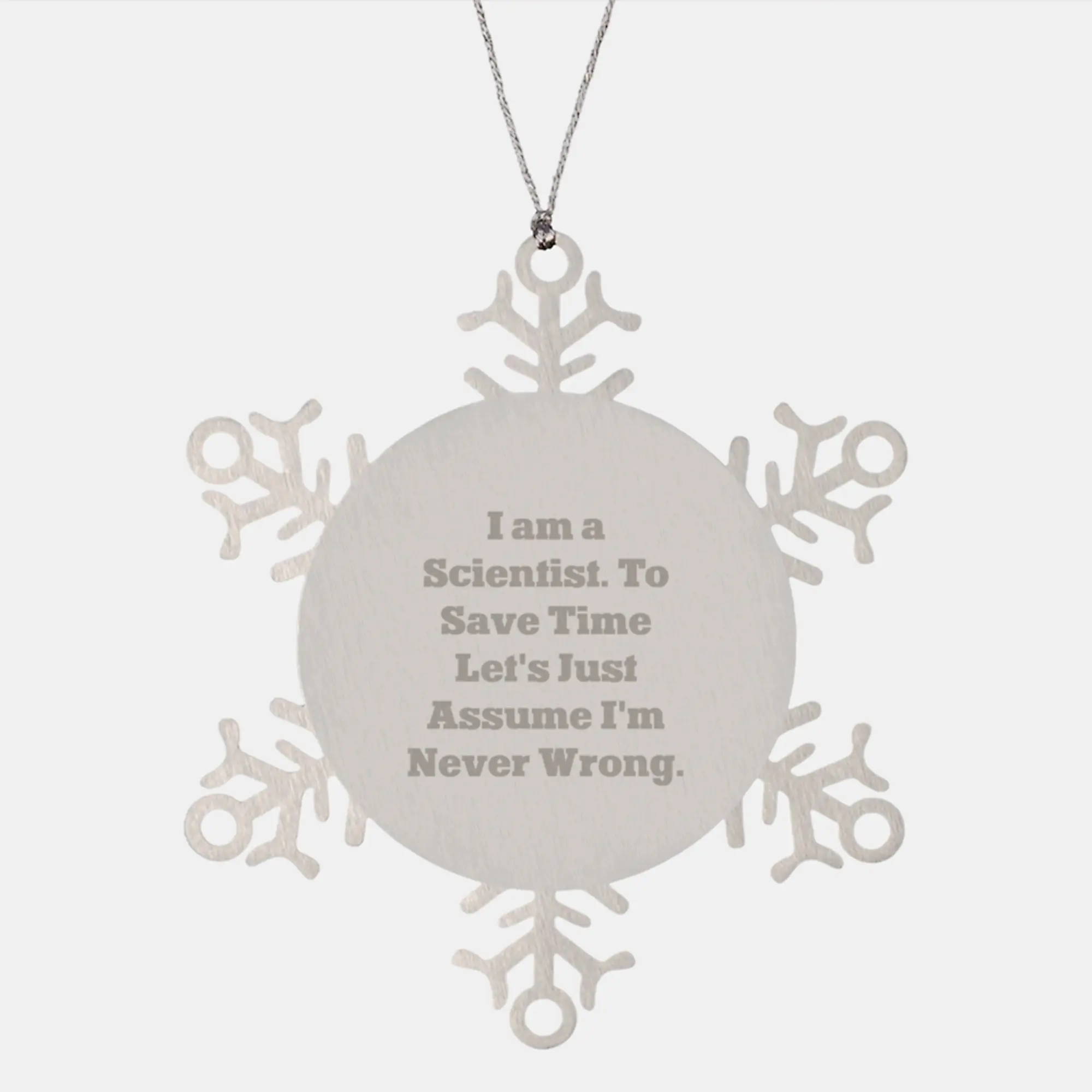 Funny Scientist Gifts for Men, Unique Snowflake Ornament, 'I Am A Scientist. To Save Time Let's Just Assume I'm Never Wrong.' Quote, Stainless Steel, Christmas Unique Gifts from Friends - Image 1