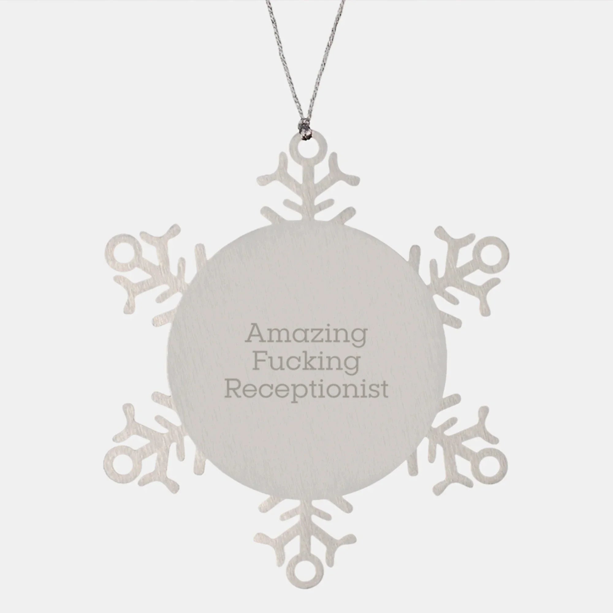 Funny Receptionist Gifts from Friends for Christmas Unique Snowflake Ornament, 'Amazing F--king Receptionist' Quote, Premium Stainless Steel, 3.14 Inch Diameter, Shatterproof Snowflake Decor
