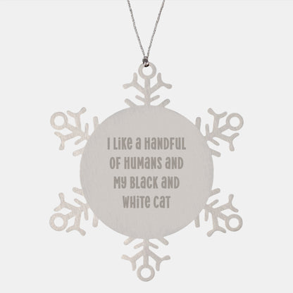 Funny Black and White Cat Gifts from Friends, Snowflake Ornament for Christmas, I Like A Handful Of Humans And My Black And White Cat - Image 1