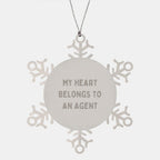 Funny Agent Gifts from Friends, My Heart Belongs To An Agent Snowflake Ornament for Men, Women, Coworkers, Family, Christmas Unique Presents