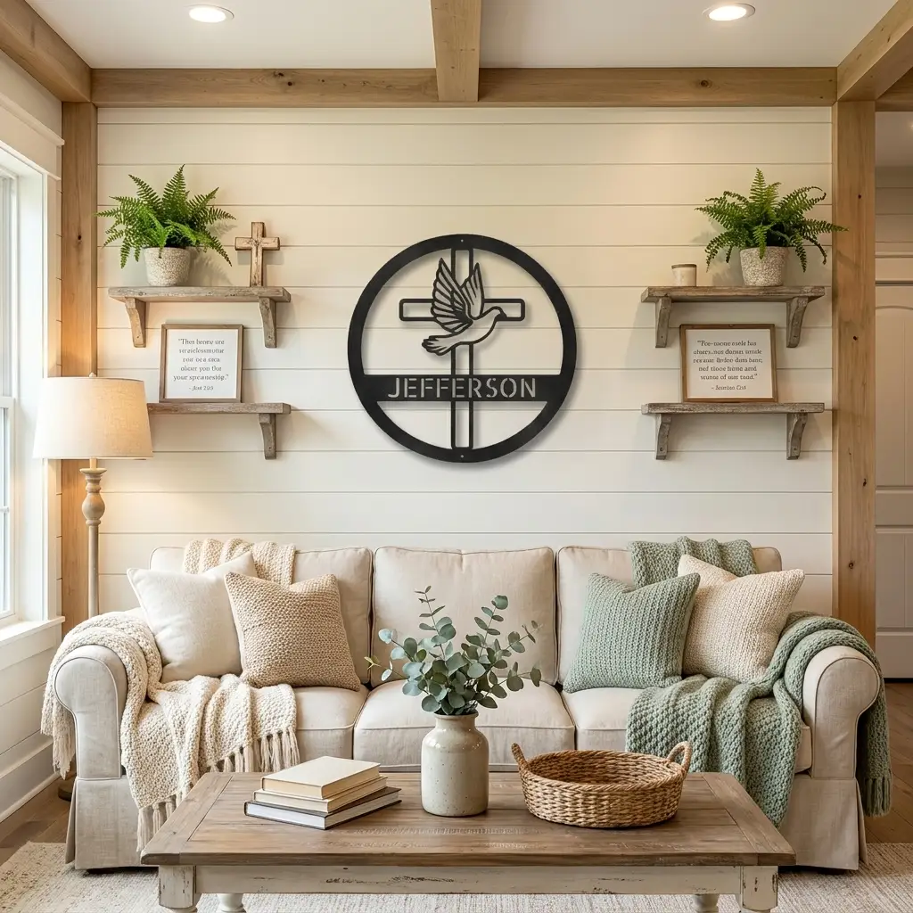 Personalized Cross & Dove Metal Wall Art – Custom Family Name Christian Steel Sign – Faith Based Farmhouse Wall Decor