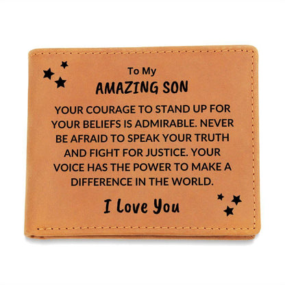 Son Birthday Graduation - Fight For Justice - Custom Leather Wallet - Mallard Moon Gift Shop