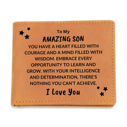 Son Birthday Graduation - Heart Filled with Courage - Custom Leather Wallet - Mallard Moon Gift Shop