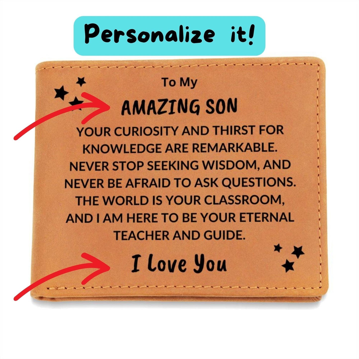 Son Birthday Graduation - I Am Your Teacher and Guide - Custom Leather Wallet - Mallard Moon Gift Shop