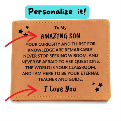 Son Birthday Graduation - I Am Your Teacher and Guide - Custom Leather Wallet - Mallard Moon Gift Shop