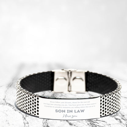 Son-in-law Stainless Steel Shark Mesh Engraved Bracelet - Always Follow your Dreams - Birthday, Christmas Holiday Jewelry Gift - Mallard Moon Gift Shop