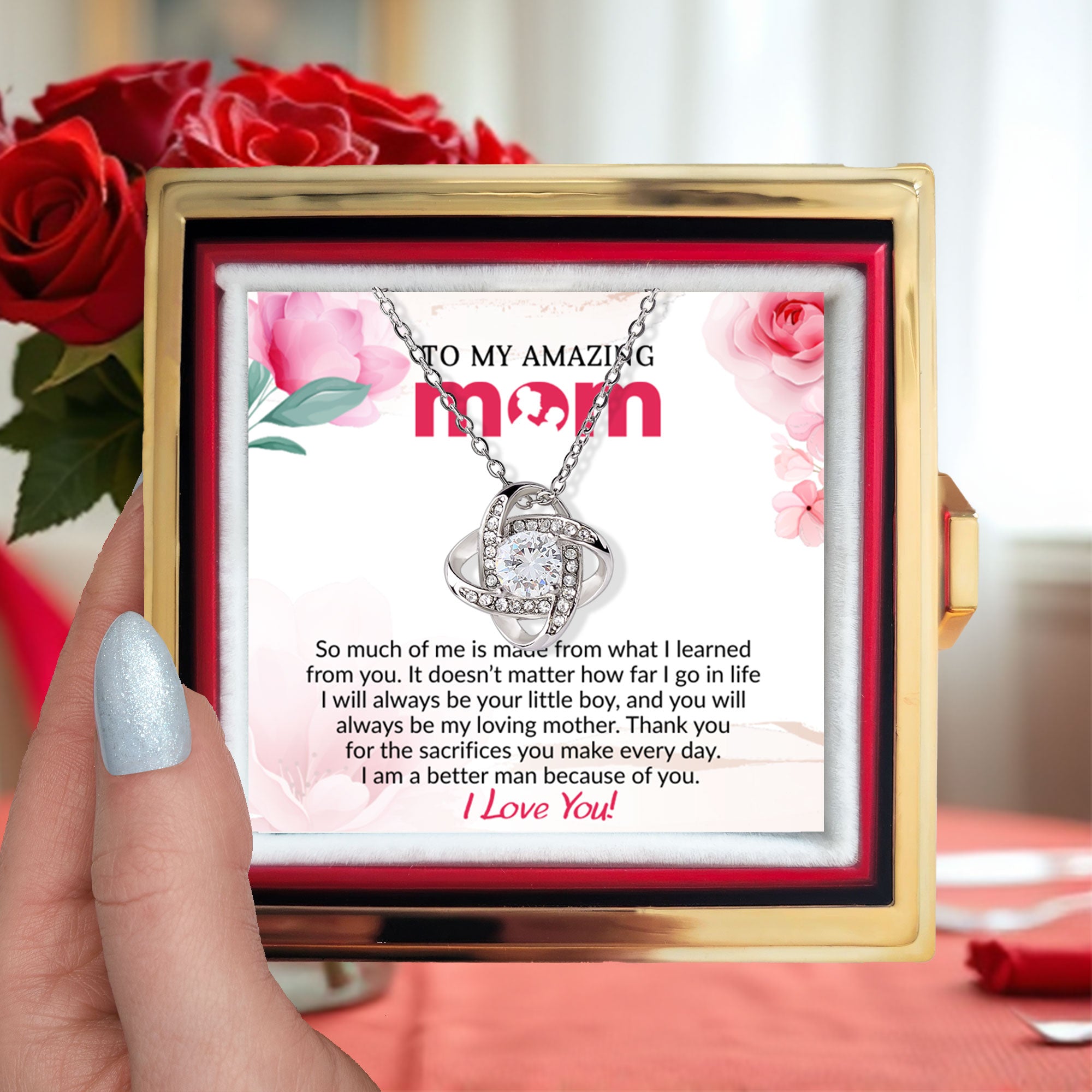 To My Mom - Because of You - Love Knot Necklace with Rose Gift Box from Son - Mallard Moon Gift Shop