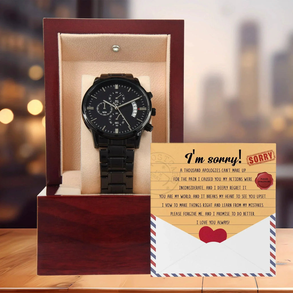 Apology Gift for Him - Sorry, Breaks My Heart - Black Chronograph Watch