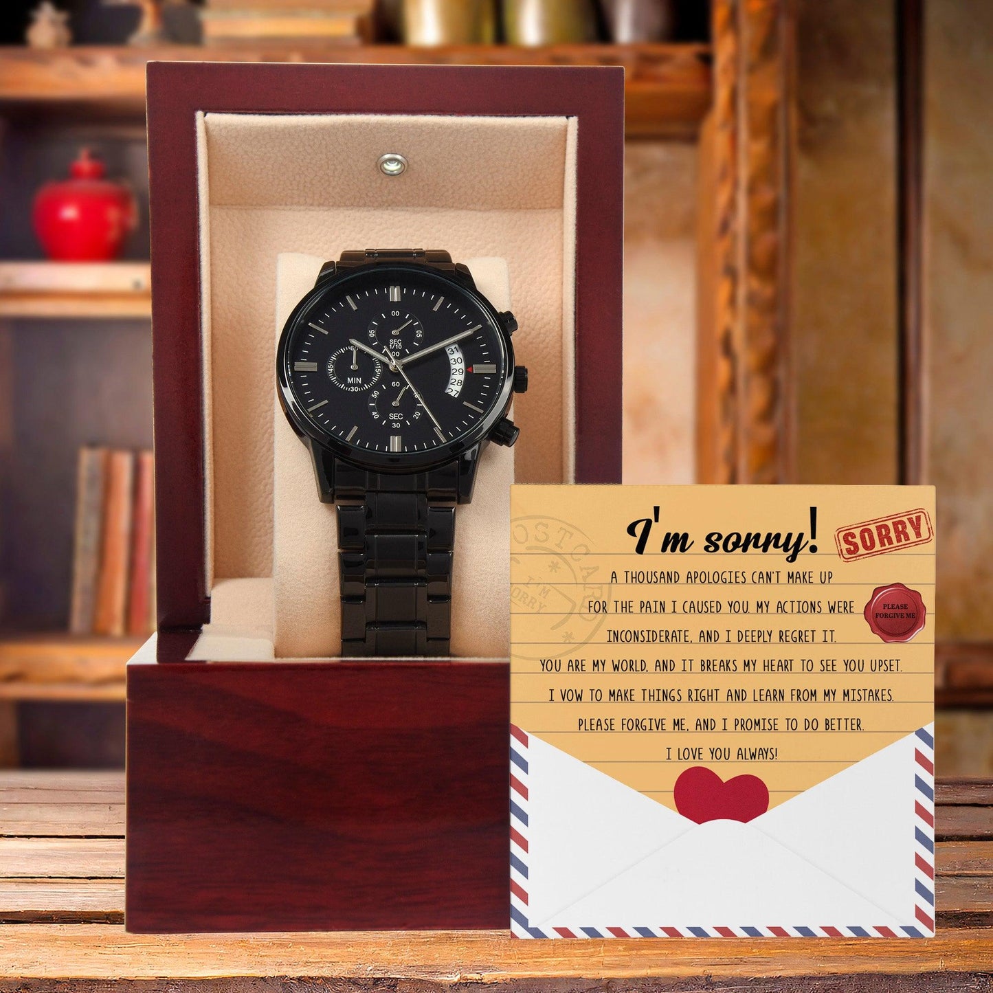 Apology Gift for Him-Sorry, Breaks My Heart-Black Chronograph Watch - Mallard Moon Gift Shop