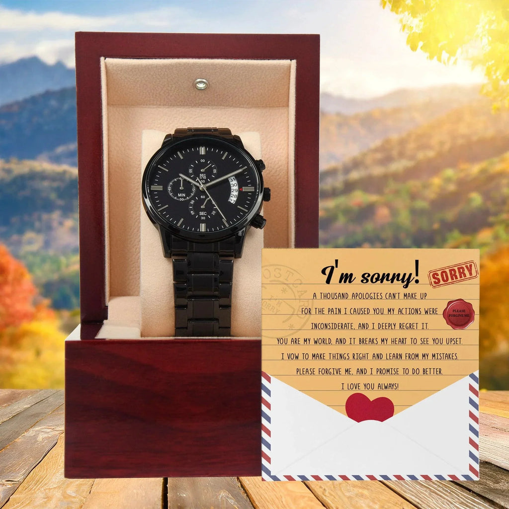 Apology Gift for Him - Sorry, Breaks My Heart - Black Chronograph Watch