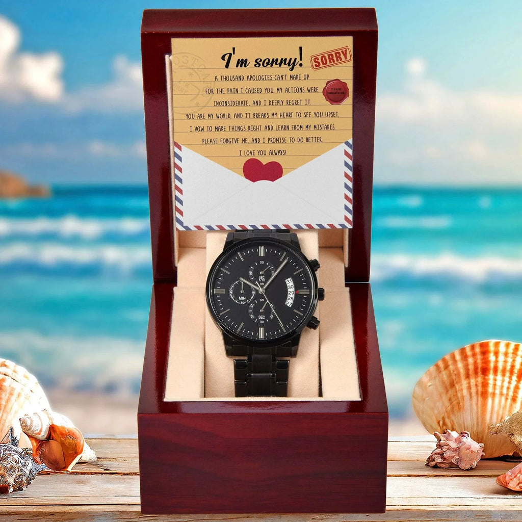 Apology Gift for Him - Sorry, Breaks My Heart - Black Chronograph Watch