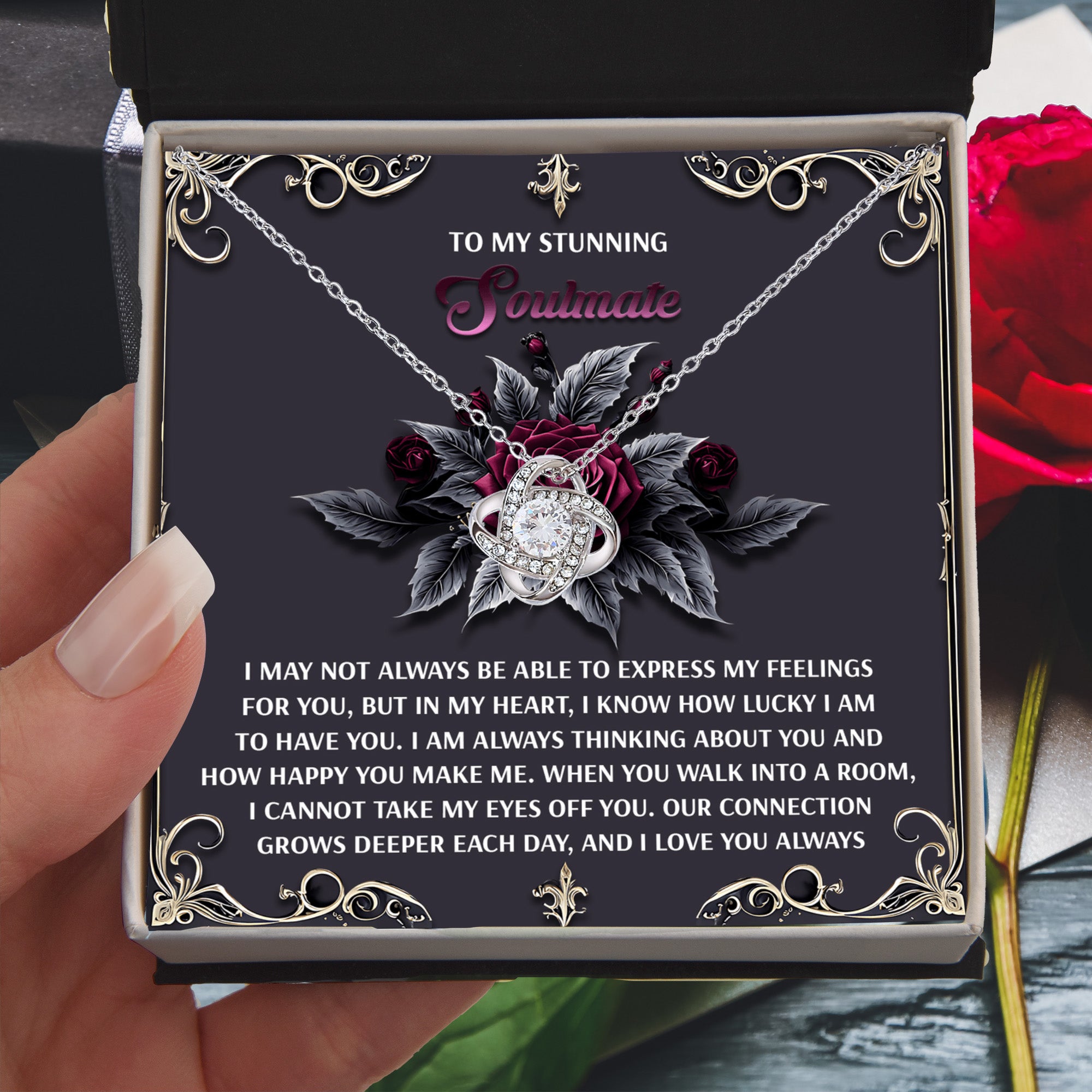 Romantic Gift for Wife or Girlfriend - Stunning Love Knot Pendant Necklace with Soulmate Message - I Am Lucky - Mallard Moon Gift Shop