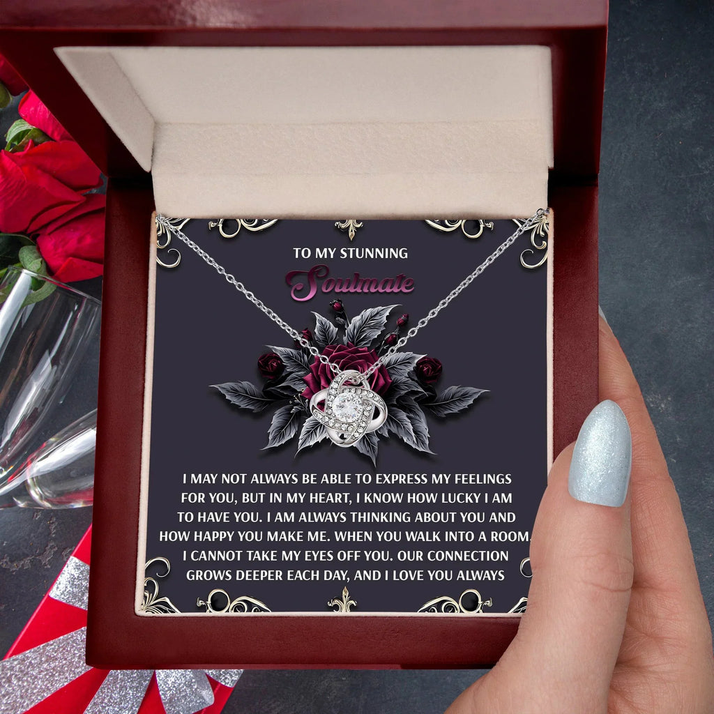 Romantic Gift for Wife or Girlfriend - Stunning Love Knot Pendant Necklace with Soulmate Message - I Am Lucky