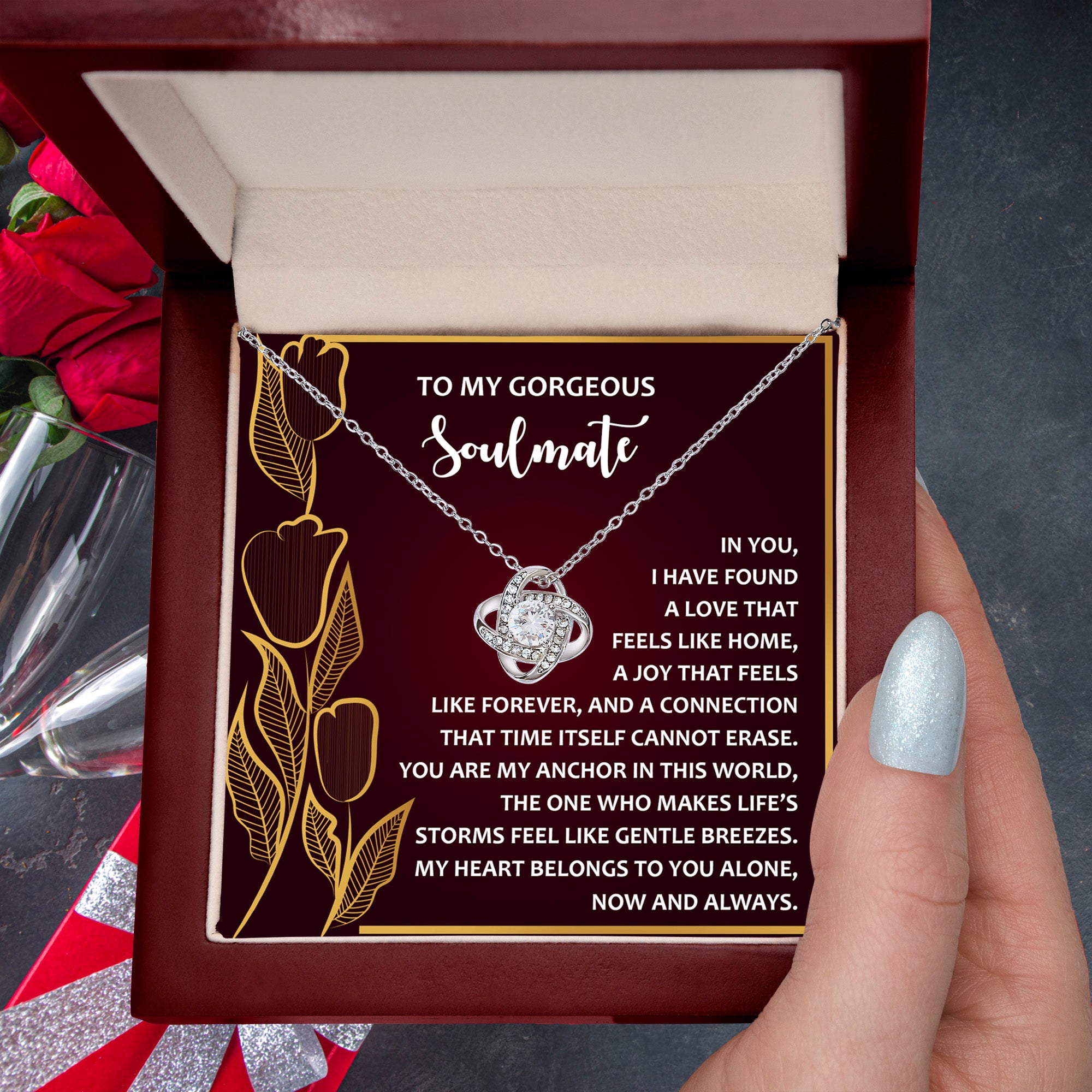 Romantic Anniversary, Valentine's Day Gift for Soulmate, Wife, Girlfriend - Life’s Storms Feel Like Gentle Breezes - Love Knot Pendant Necklace - Mallard Moon Gift Shop