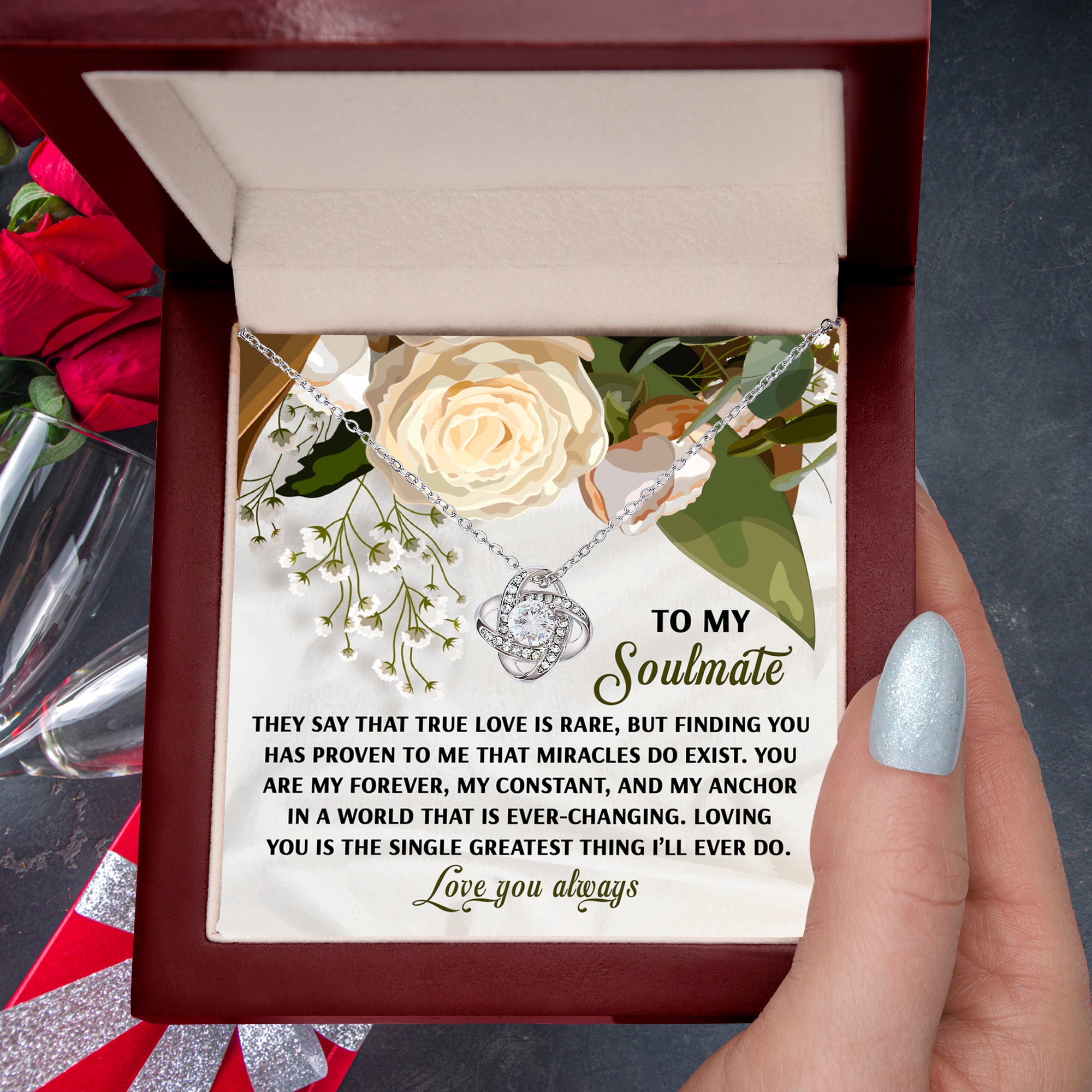 Romantic Anniversary, Valentine's Day Gift for Soulmate, Wife, Girlfriend - Miracles Exist - Love Knot Pendant Necklace - Mallard Moon Gift Shop